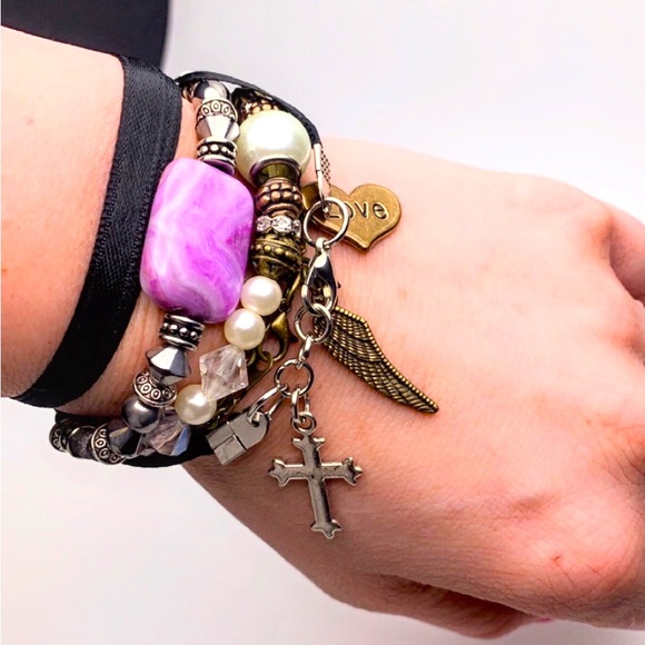 Rustic Wing & Cross Ribbon Bracelet Stack - Picture 2 of 6